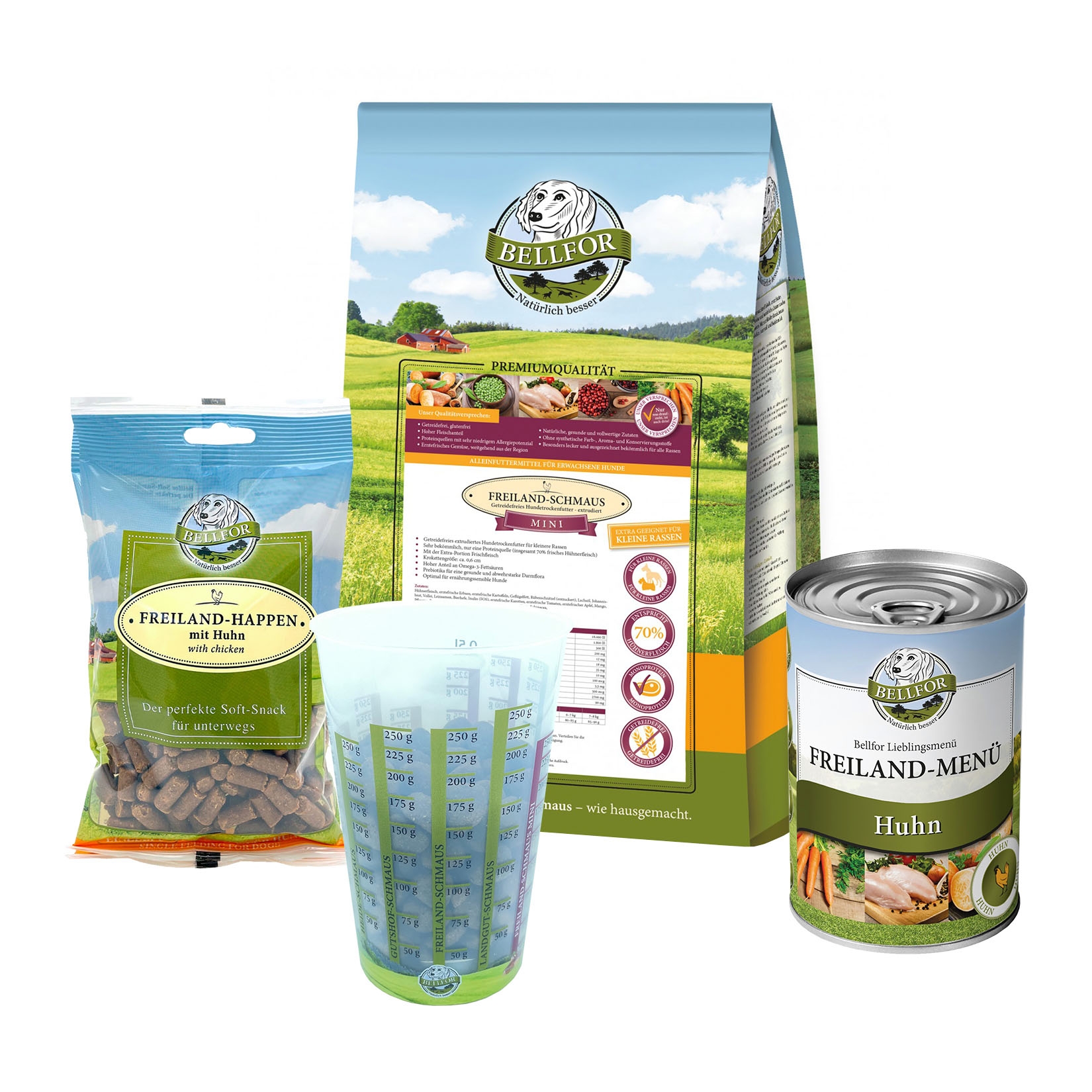 Dackel Futter Set - Freiland-Schmaus Mini 2,5 kg + Freiland-Menü 400 g + Freiland-Happen 200 g + 1 Messbecher