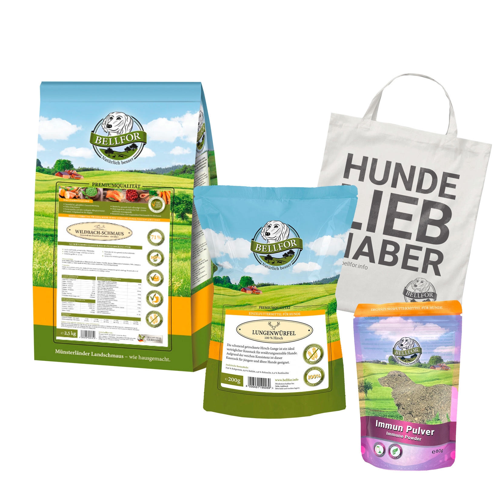 Irischer Wolfshund Futter Set - Naturgut-Schmaus 4 kg + Immun Pulver 80 g + Hirsch Lungenwürfel 200 g + 1 Jutebeutel
