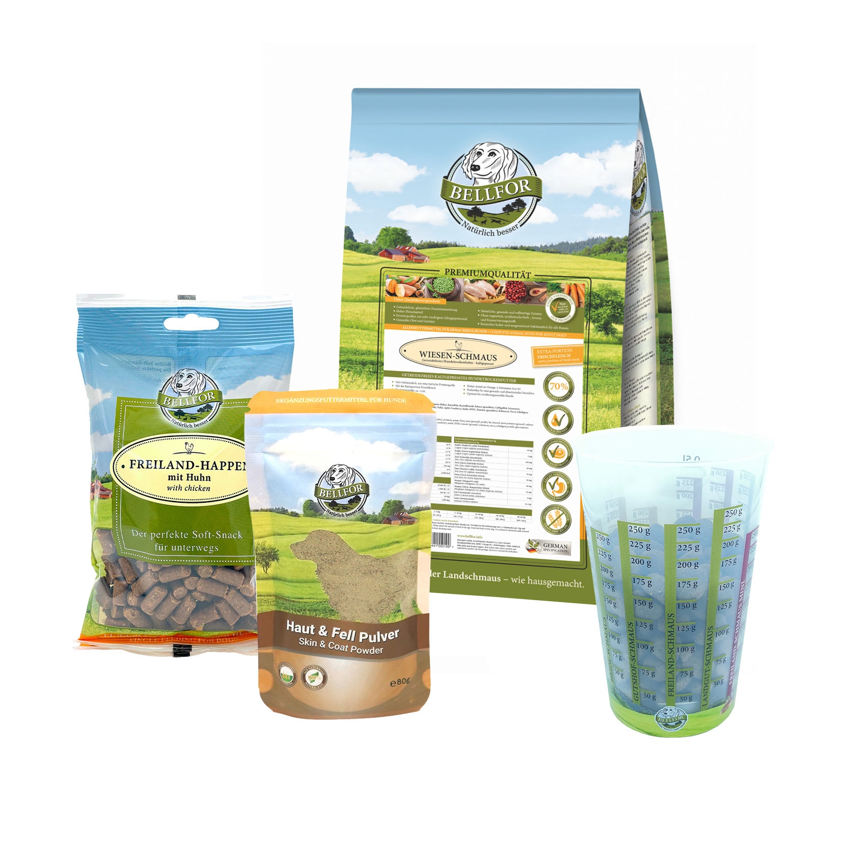 Rhodesian Ridgeback Futter Set - Wiesen-Schmaus 4 kg + Haut & Fell Pulver 80 g + Freiland-Happen 200 g + 1 Messbecher - Super Preis!