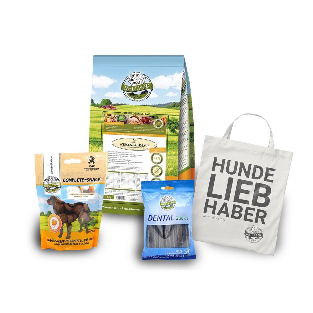 Rottweiler Futter Set - Wiesen-Schmaus 4 kg + Dental Sticks 100 g + Gelenke & Knochen Complete-Snack 150 g + Jutebeutel