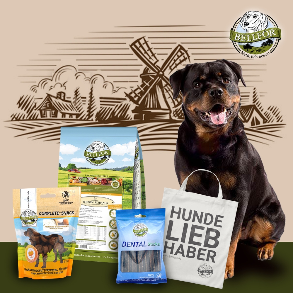 Rottweiler Futter Set - Wiesen-Schmaus 4 kg + Dental Sticks 100 g + Gelenke & Knochen Complete-Snack 150 g + Jutebeutel
