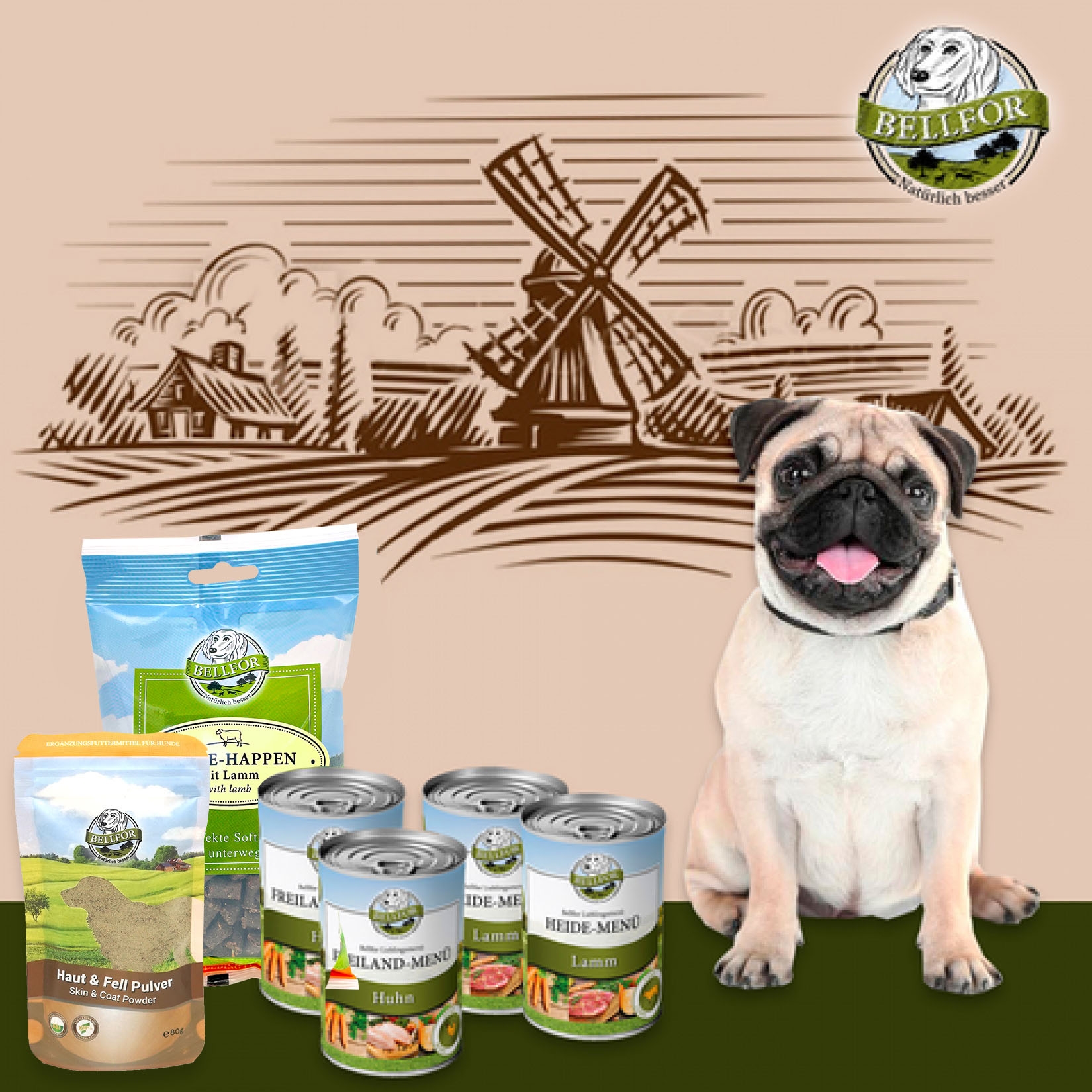 Mops Futter Set - Freiland-Menü 2 x 400 g + Heide-Menü 2 x 400 g + Heide-Happen 200 g + Haut & Fell Pulver 80 g