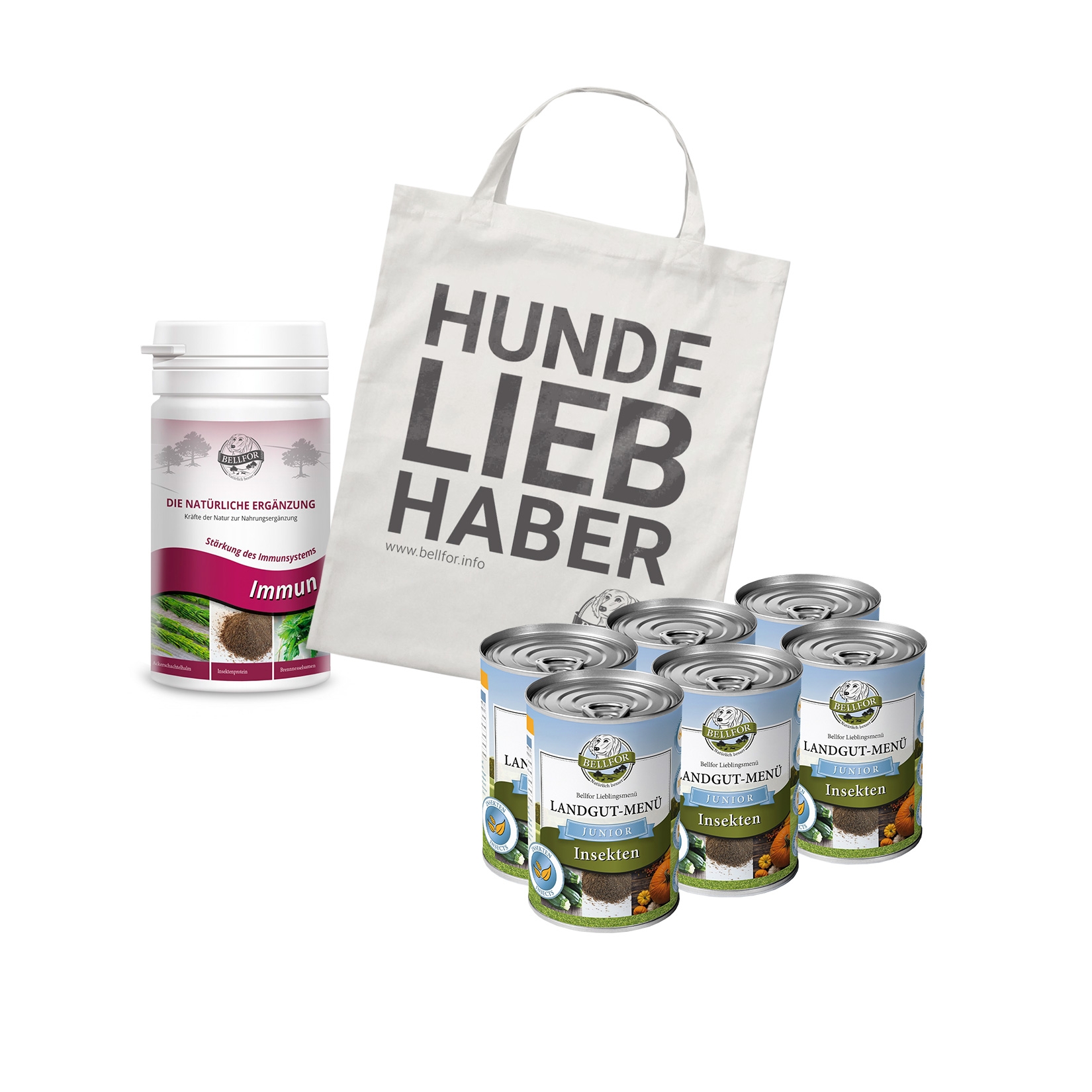 Welpenfutter im Sparset - Landgut-Menü Junior 6 x 400 g + Immun Junior 50 g + 1 Jutebeutel