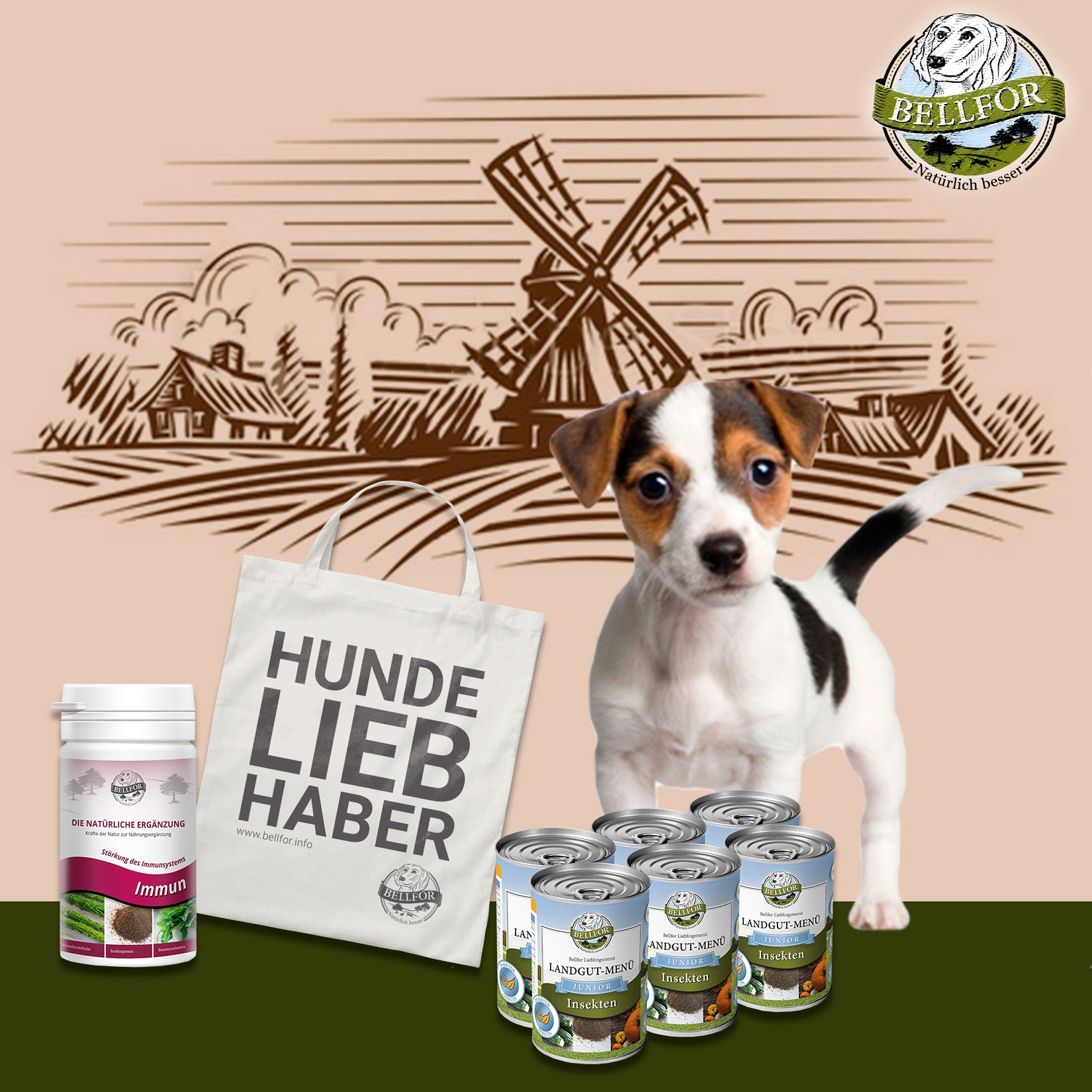 Welpenfutter im Sparset - Landgut-Menü Junior 6 x 400 g + Immun Junior 50 g + 1 Jutebeutel