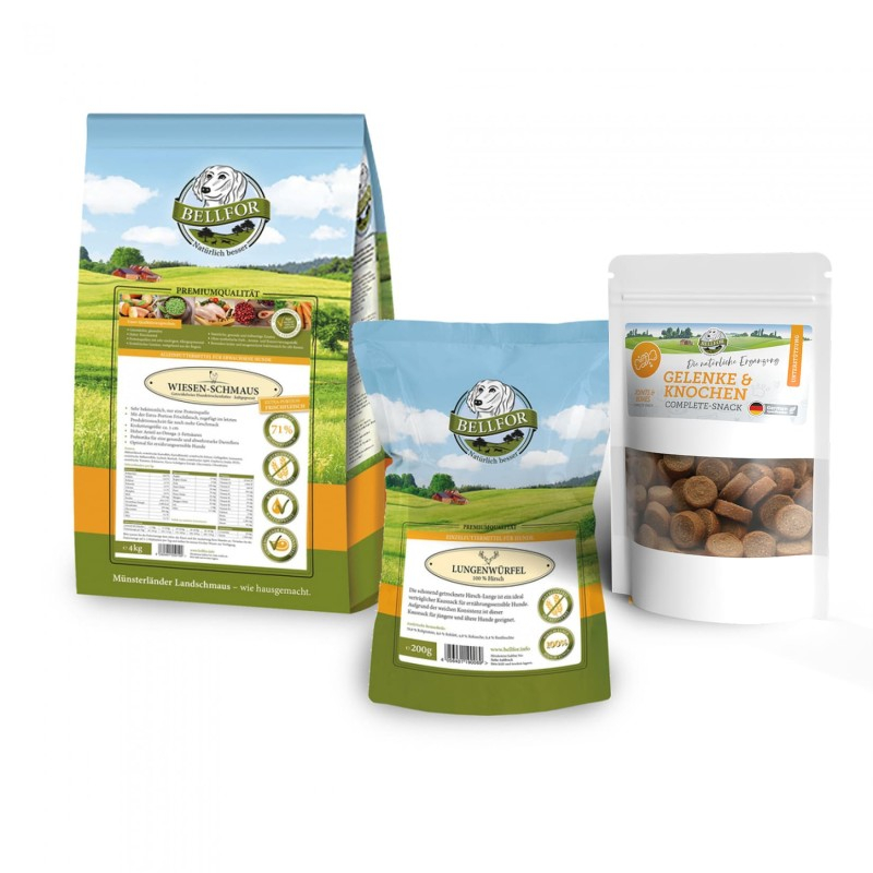 Berner Sennenhund Futter Set - Wiesen-Schmaus 4 kg + Gelenke & Knochen Complete-Snack 150 g + Hirsch Lungenwürfel 200 g
