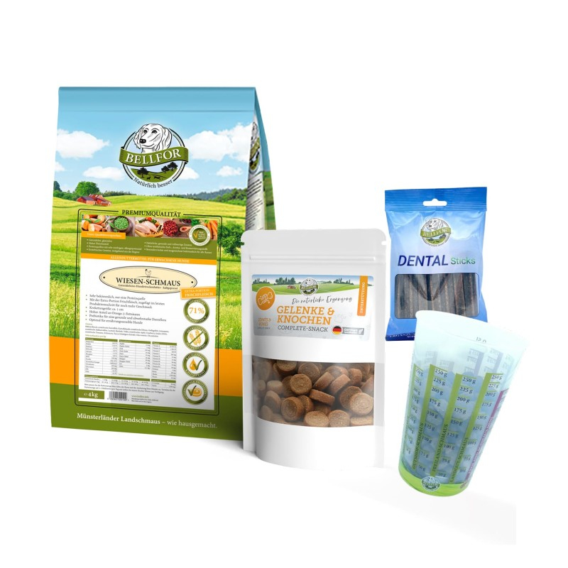 Neufundländer Futter Set - Wiesen-Schmaus 4 kg + Gelenke & Knochen Complete-Snack 150 g + Dental Sticks 100 g + 1 Messbecher