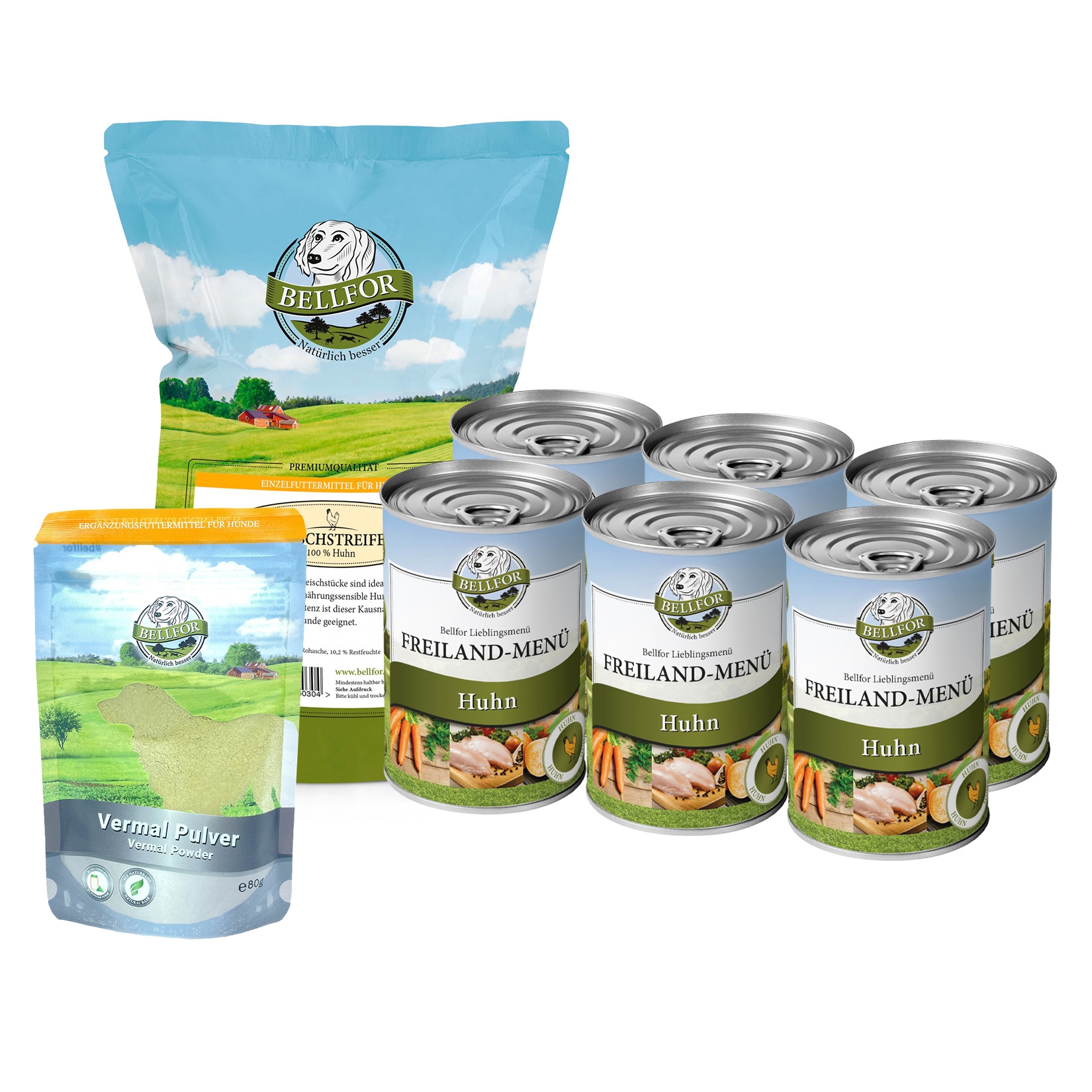 Giardien Sparset - Hundefutter Nass 6 x 400 g + Vermal Pulver 80 g + Hühnertrockenfleisch 100 g