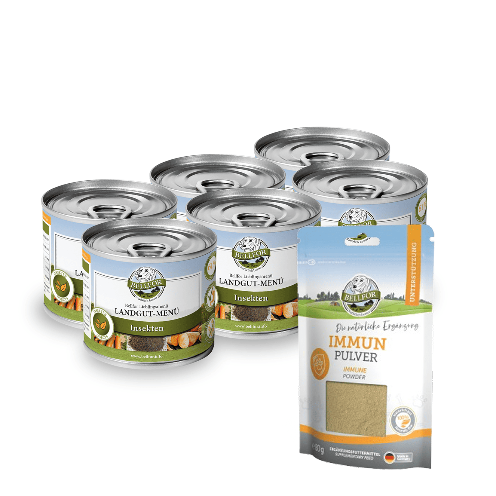 Bellfor Futterset für kleine Hunde – 6 x 200g Landgut-Menü + 80g Immun Pulver