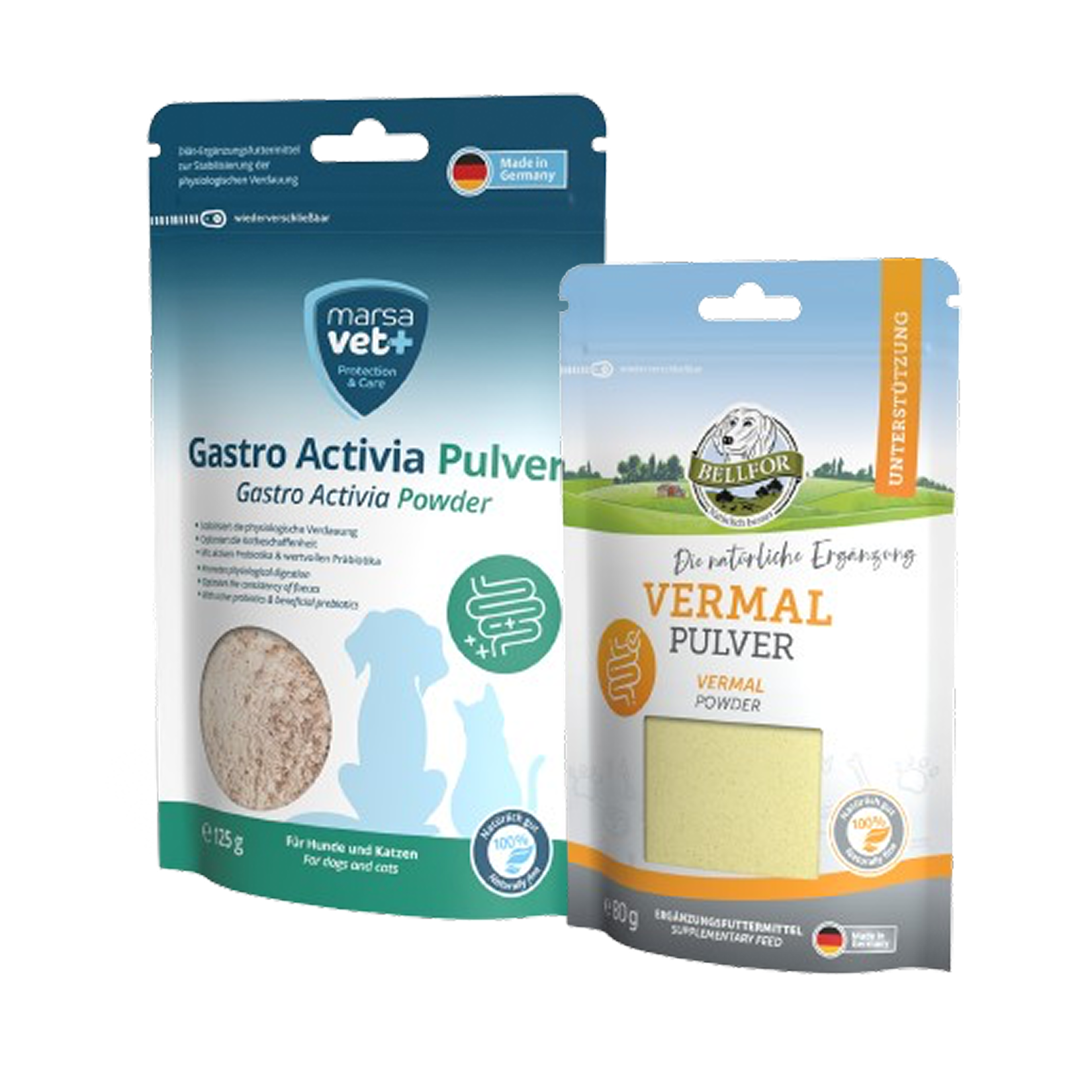 Sparset für Hunde mit Ergänzungsfuttermitteln von Bellfor – Vermal (80 g) & Marsavet Gastro Activia (125 g)