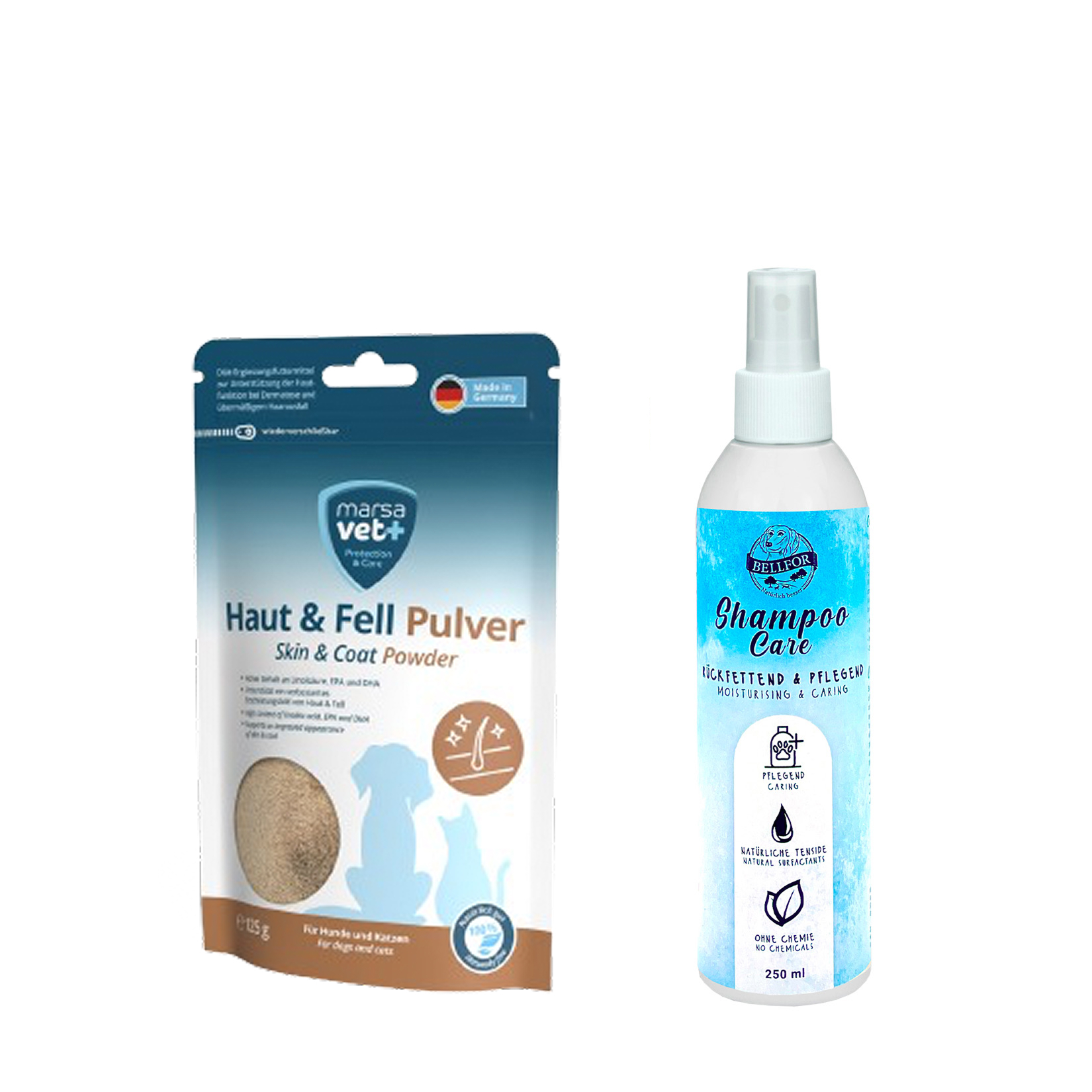 Bellfor Sparset gegen Schuppen beim Hund mit Marsavet Haut & Fell und Hundeshampoo Care
