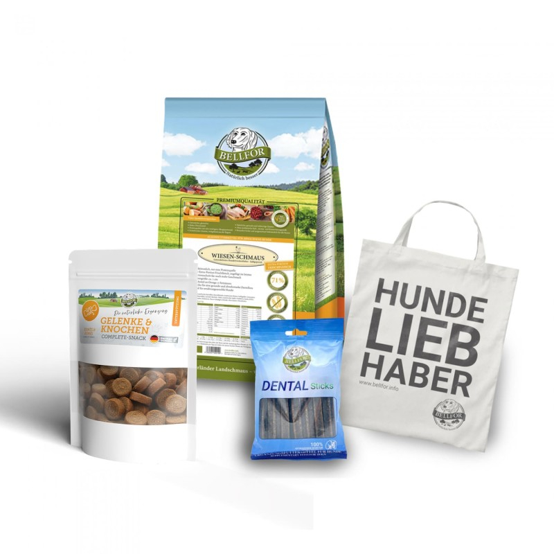 Rottweiler Futter Set - Wiesen-Schmaus 4 kg + Dental Sticks 100 g + Gelenke & Knochen Complete-Snack 150 g + Jutebeutel