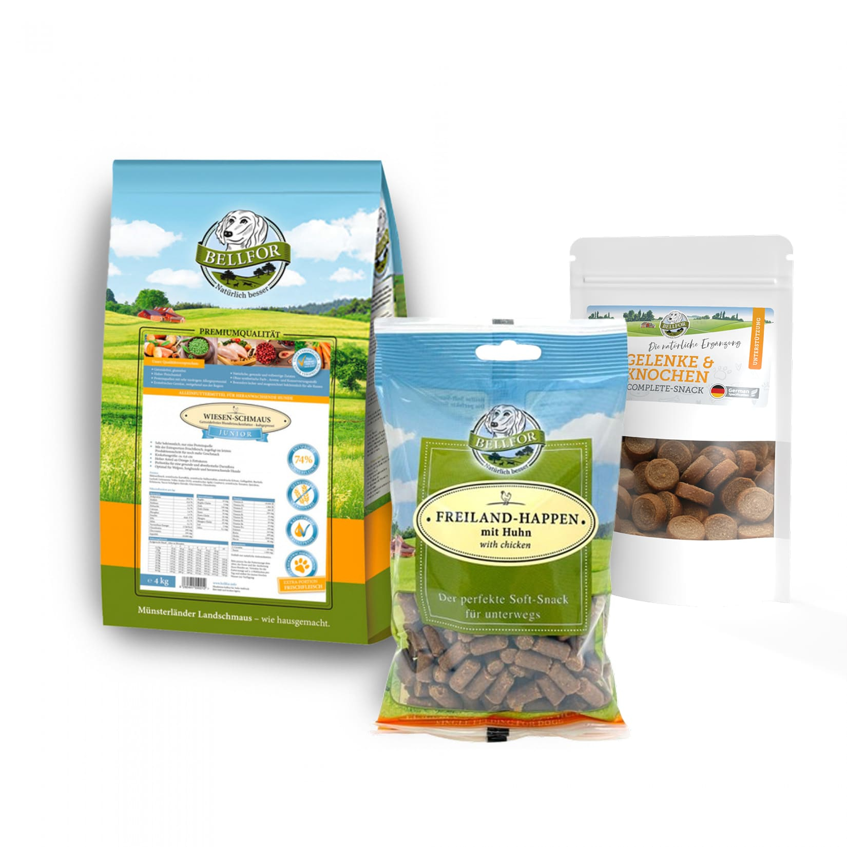Welpenfutter Set für große Rassen - Wiesen-Schmaus Junior 4 kg + Freiland-Happen 200 g + Gelenke & Knochen Complete-Snack 150 g