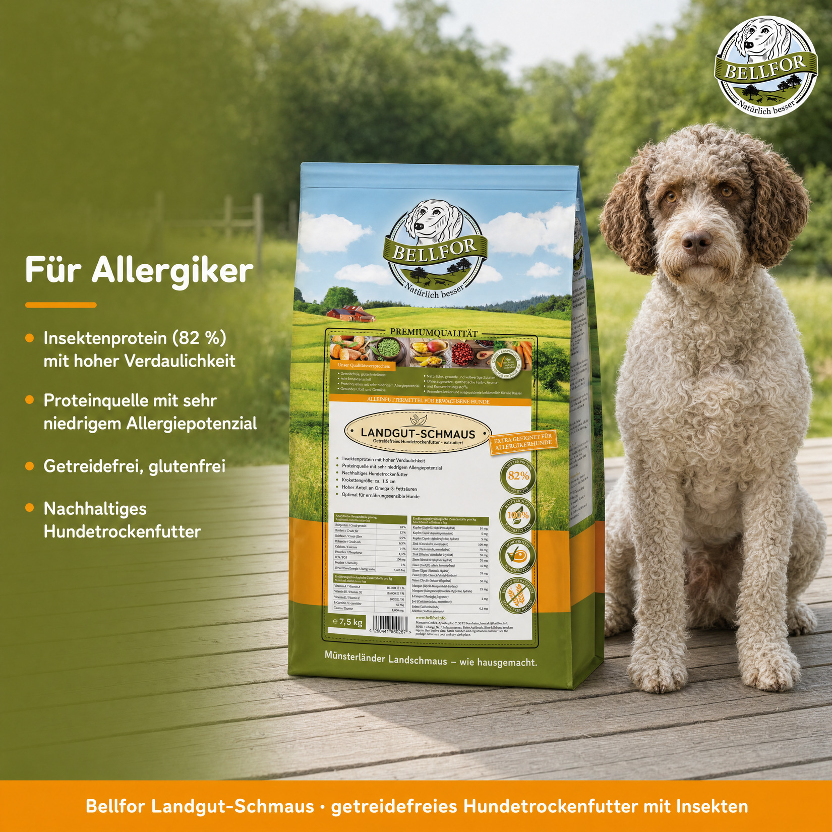 Hypoallergenes Trockenfutter mit Insekten - Landgut-Schmaus - 7,5 kg