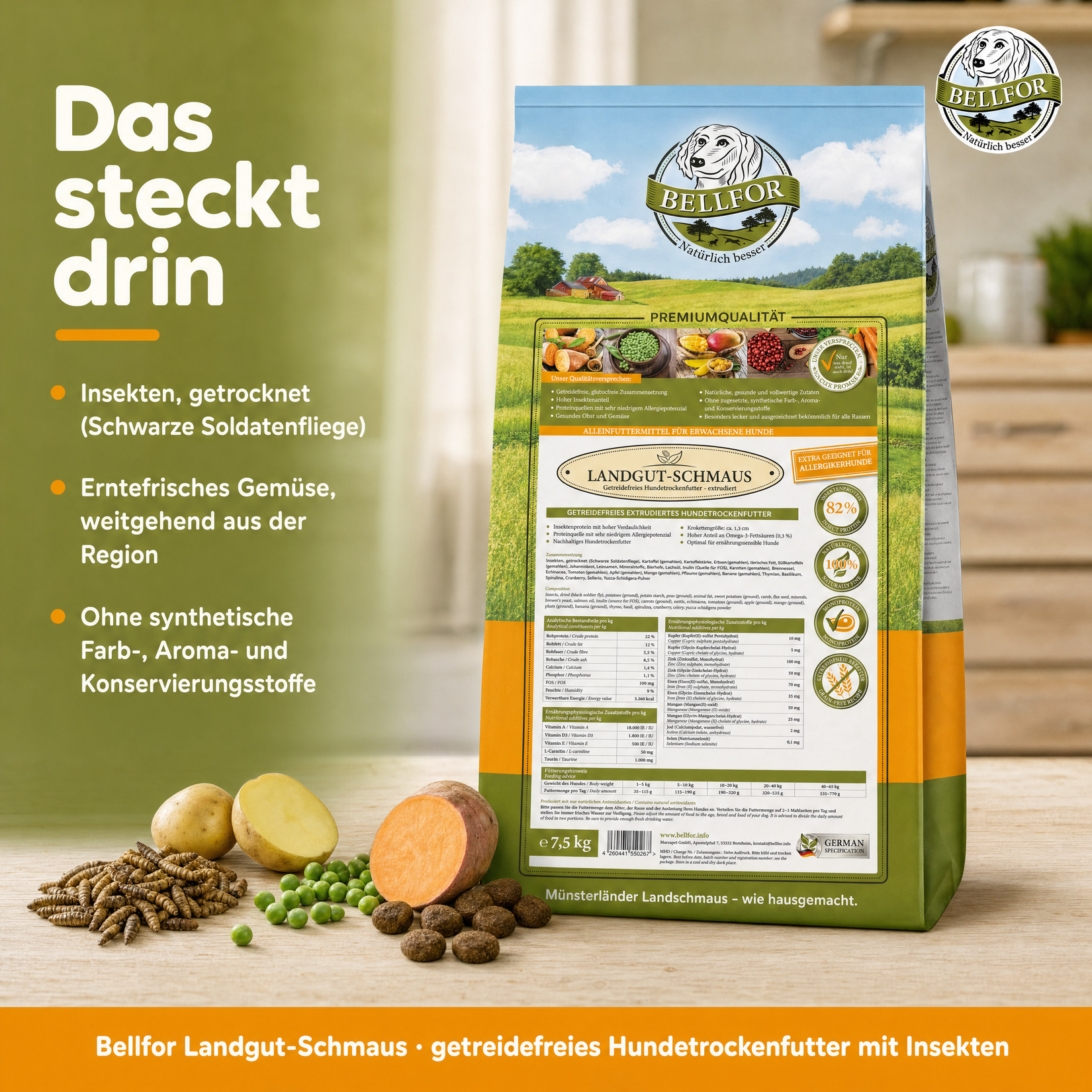 Hypoallergenes Trockenfutter mit Insekten - Landgut-Schmaus - 7,5 kg