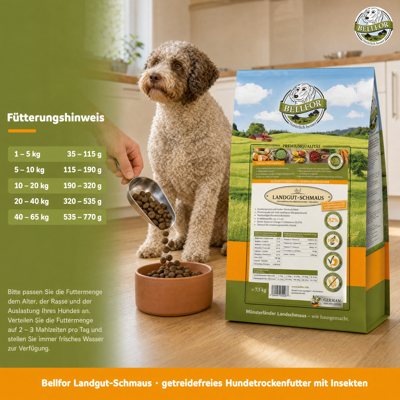 Hypoallergenes Trockenfutter mit Insekten - Landgut-Schmaus - 7,5 kg