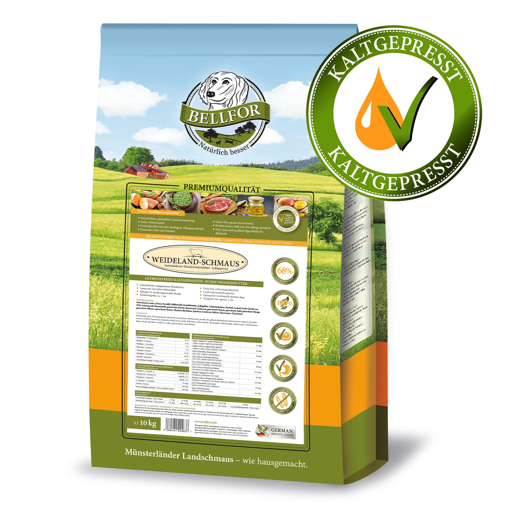 Getreidefreies Hundetrockenfutter mit Lamm - Weideland-Schmaus - 10 kg