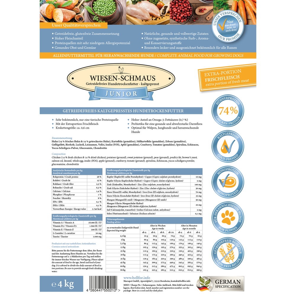 Welpenfutter Set für große Rassen - Wiesen-Schmaus Junior 4 kg + Freiland-Happen 200 g + Gelenke & Knochen Complete-Snack 150 g