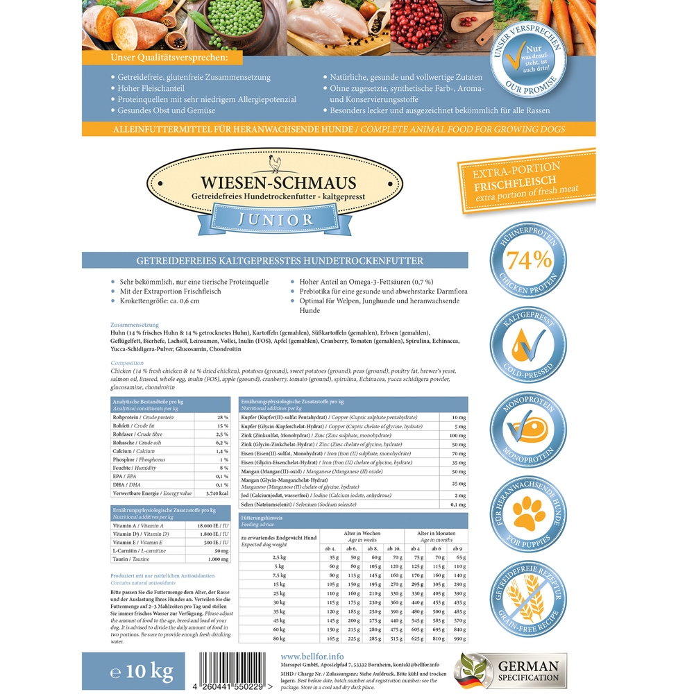 Kaltgepresst Trockenfutter für Welpen & Junge Hunde mit Huhn - Wiesen-Schmaus Junior - 10 kg