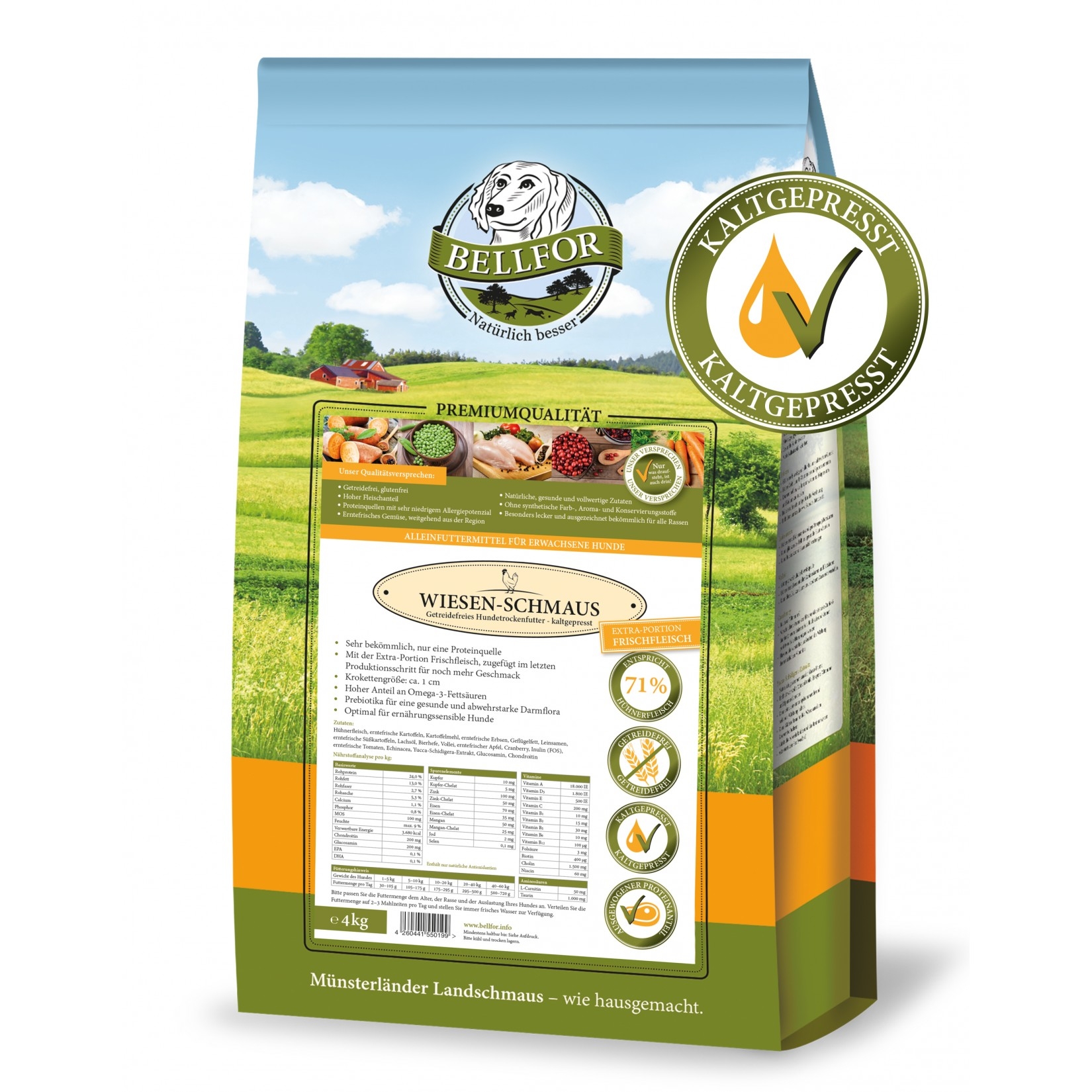 Kaltgepresst Trockenfutter mit Huhn - Wiesen-Schmaus - 4 kg