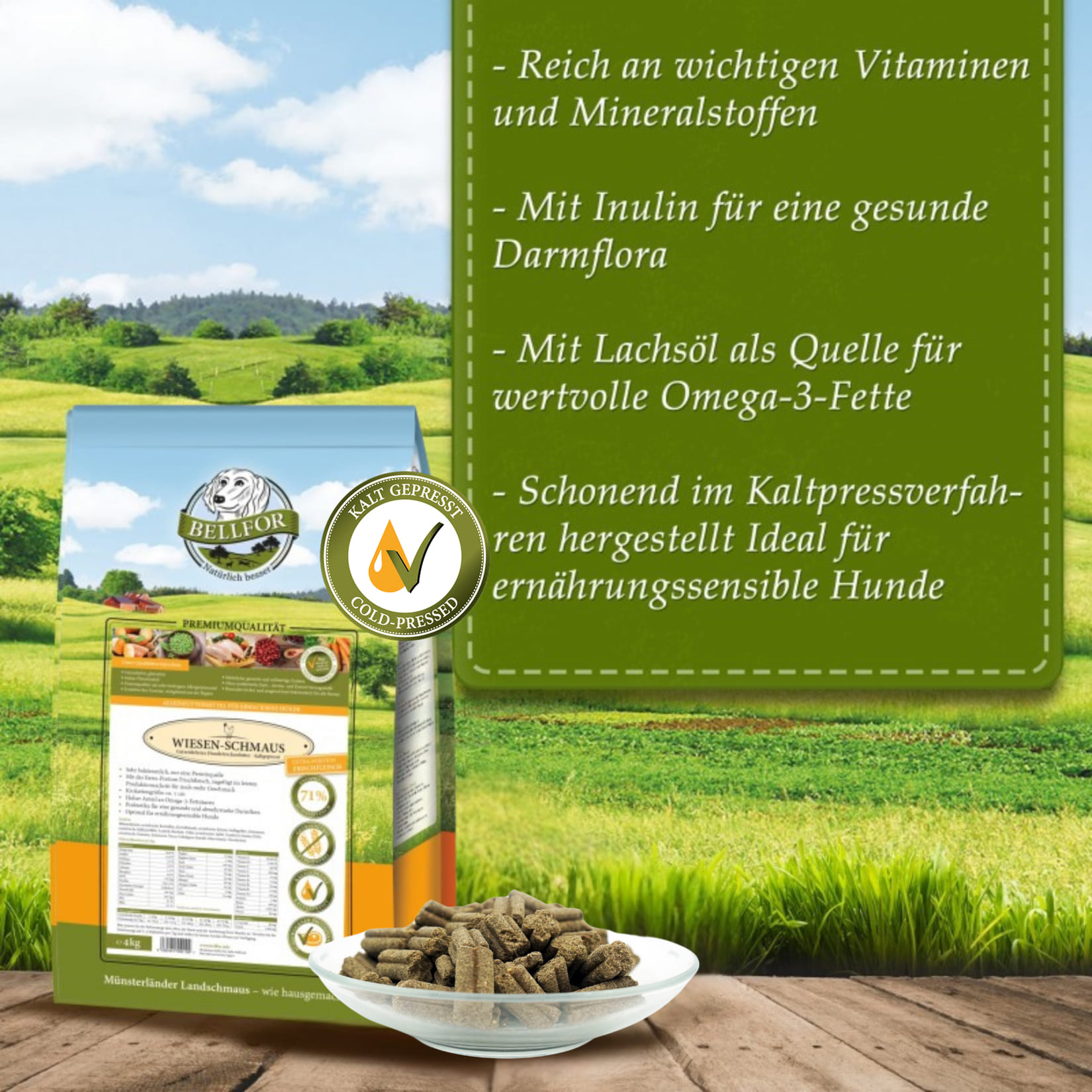 Kaltgepresstes Trockenfutter mit Huhn - Wiesen-Schmaus - 4 kg