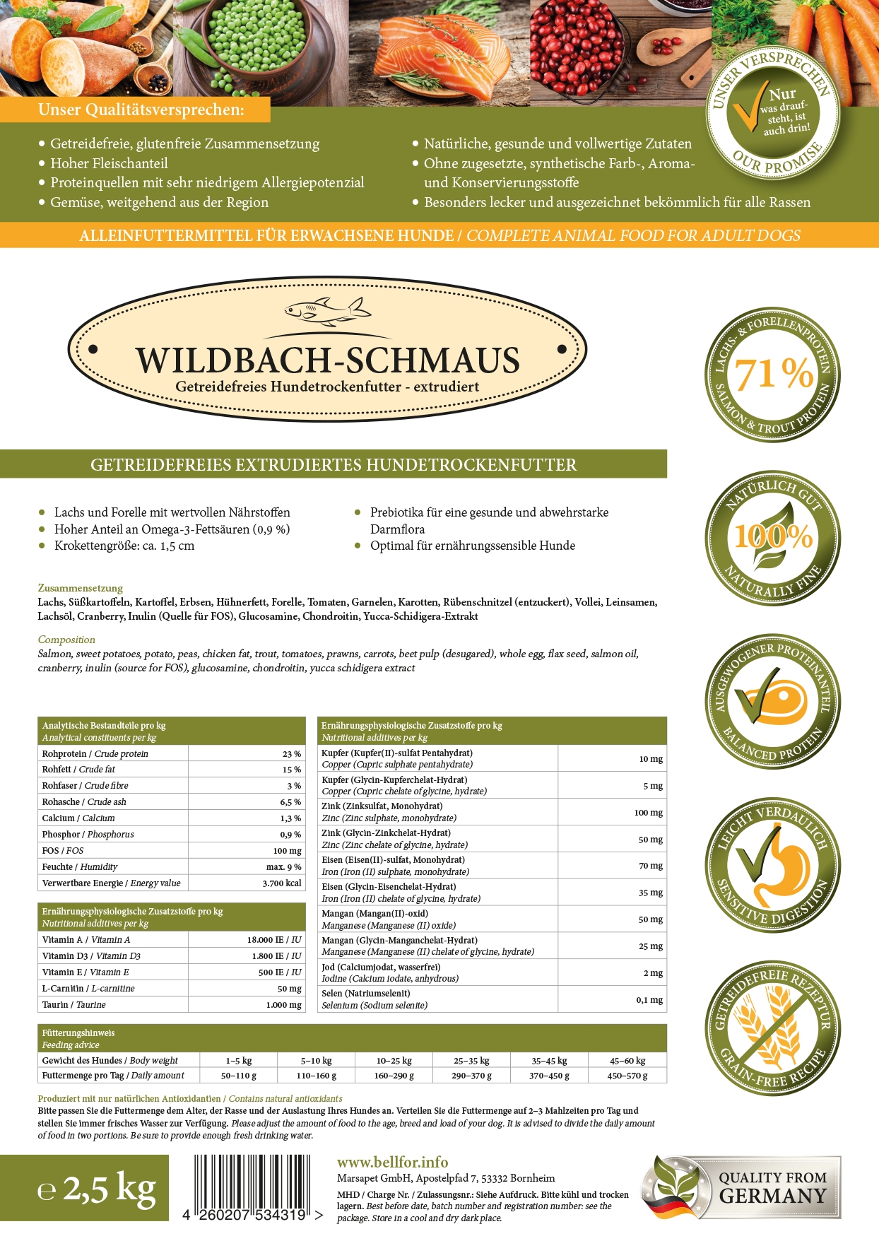 Bearded Collie Futter Set - Wildbach-Schmaus 2,5 kg + Haut & Fell Pulver 80 g + Wildbach-Happen 200 g + 1 Jutebeutel