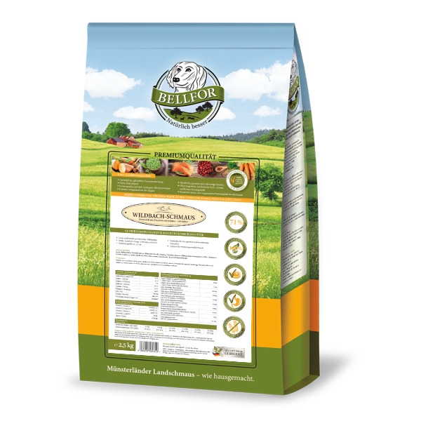 Bearded Collie Futter Set - Wildbach-Schmaus 2,5 kg + Haut & Fell Pulver 80 g + Wildbach-Happen 200 g + 1 Jutebeutel