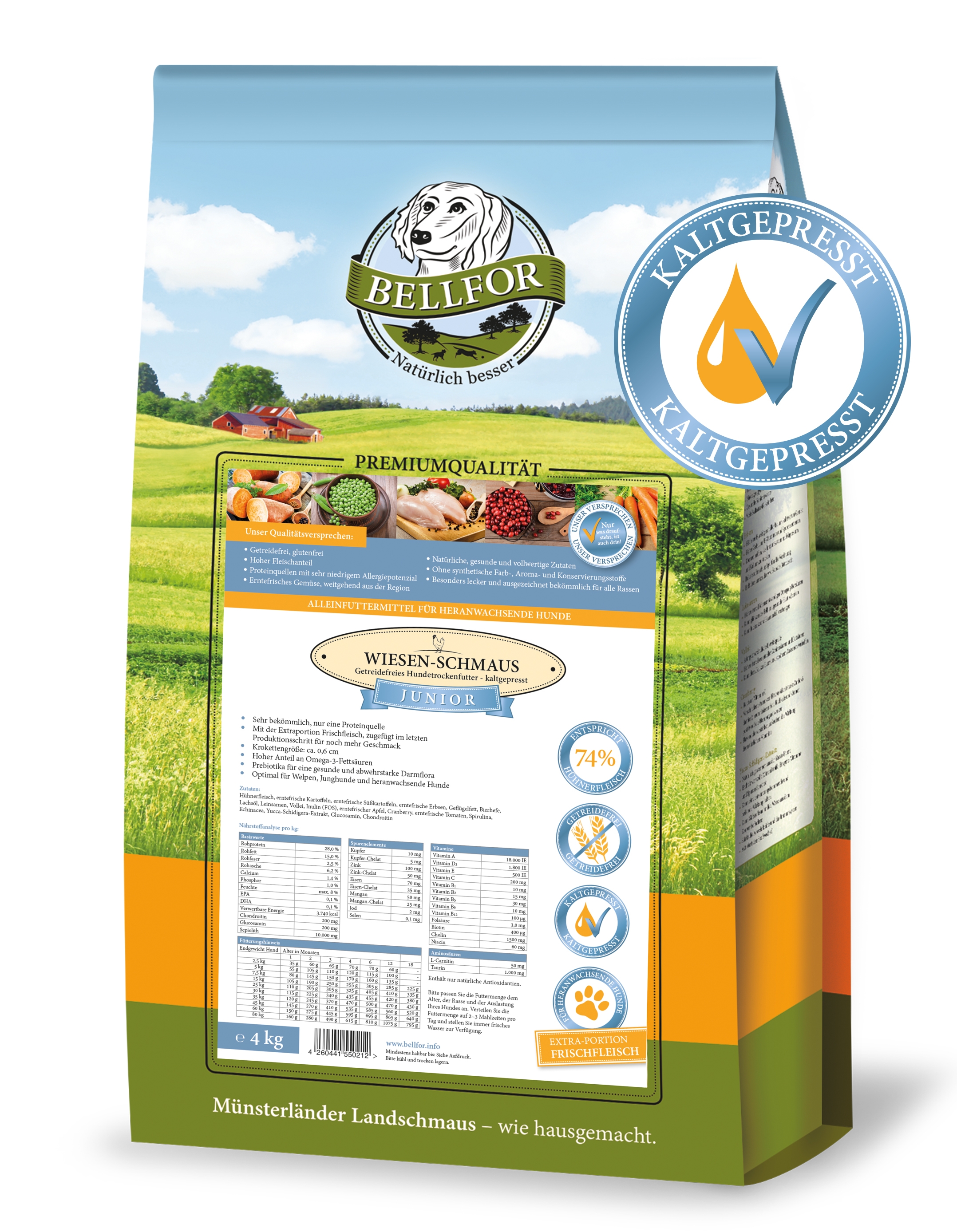 Welpenfutter Set für große Rassen - Wiesen-Schmaus Junior 4 kg + Freiland-Happen 200 g + Gelenke & Knochen Complete-Snack 150 g