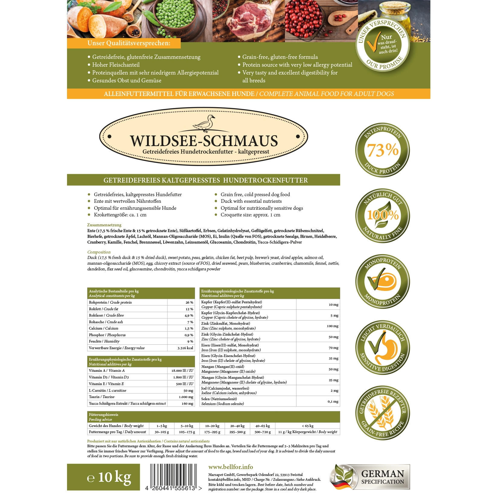 Getreidefreies Hundetrockenfutter mit Ente -  Wildsee-Schmaus - 10 kg