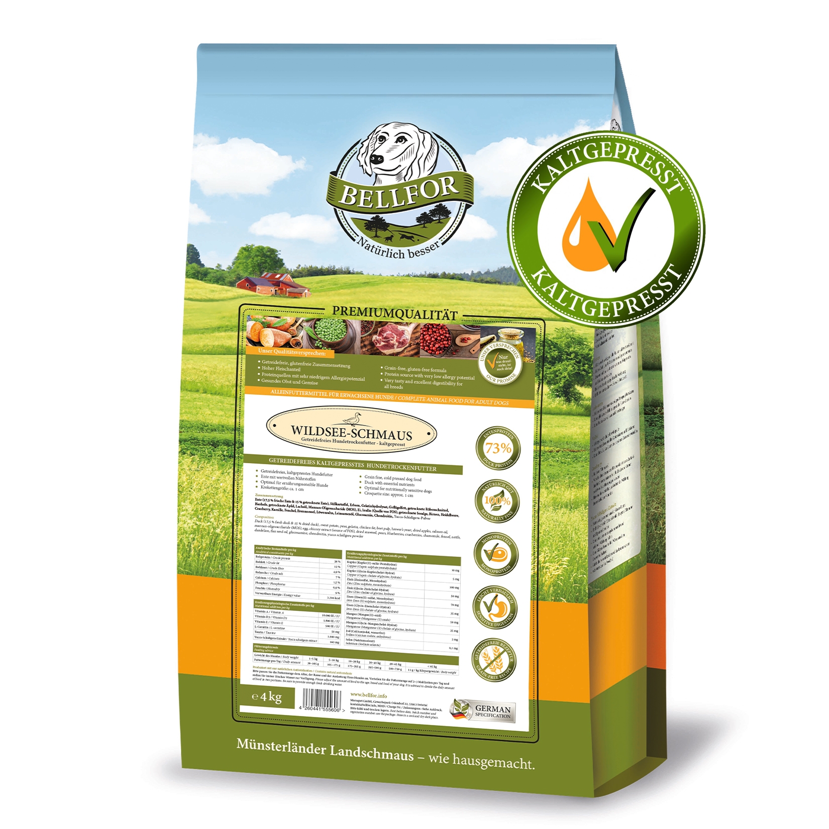 Getreidefreies Hundetrockenfutter mit Ente - Wildsee-Schmaus - 4 kg