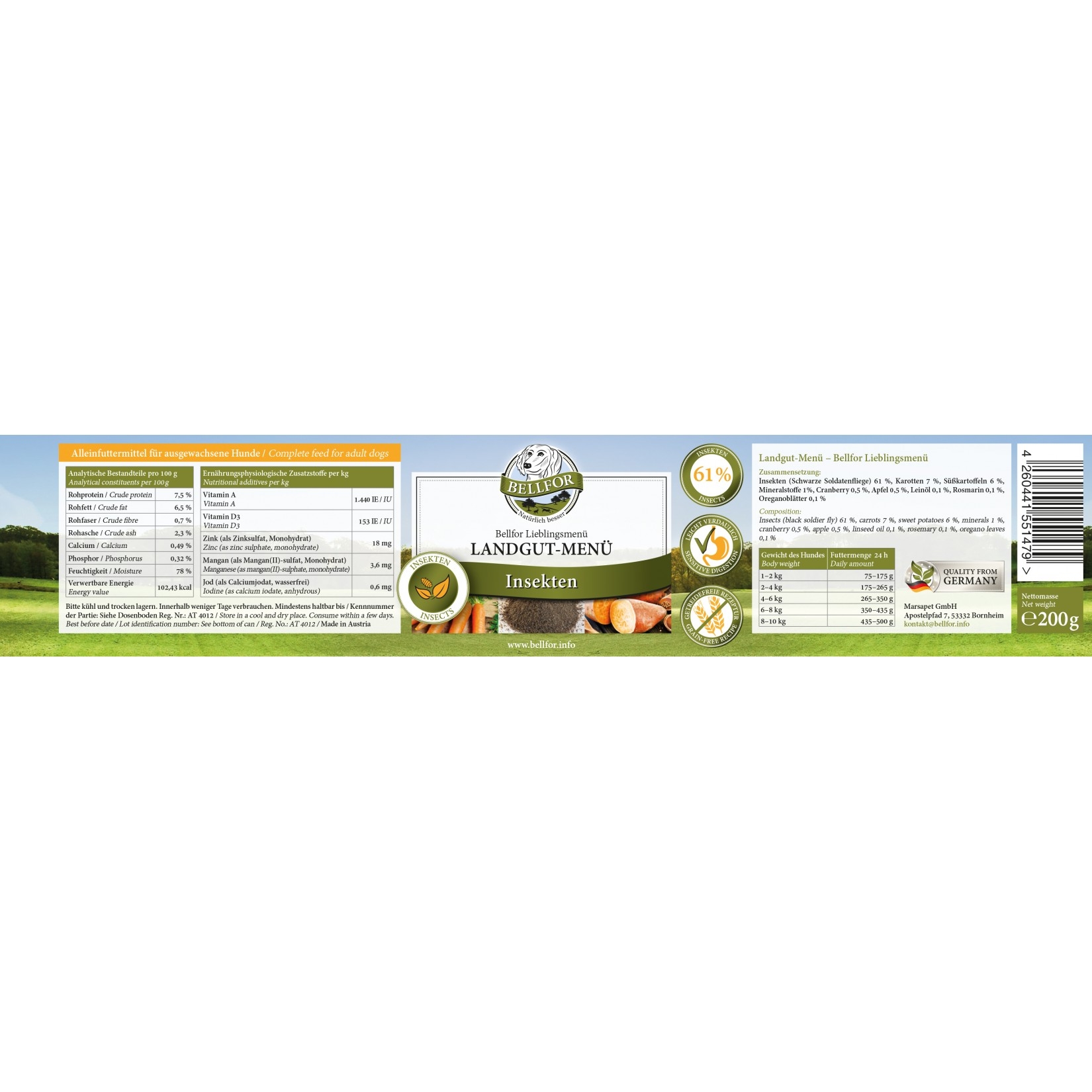 Bellfor Sparset für kleine Hunde mit Leishmaniose - Bellfor Landgut-Menü 6 x 200 g + Bellfor Landgut-Happen 200 g + Bellfor Immun 80 g