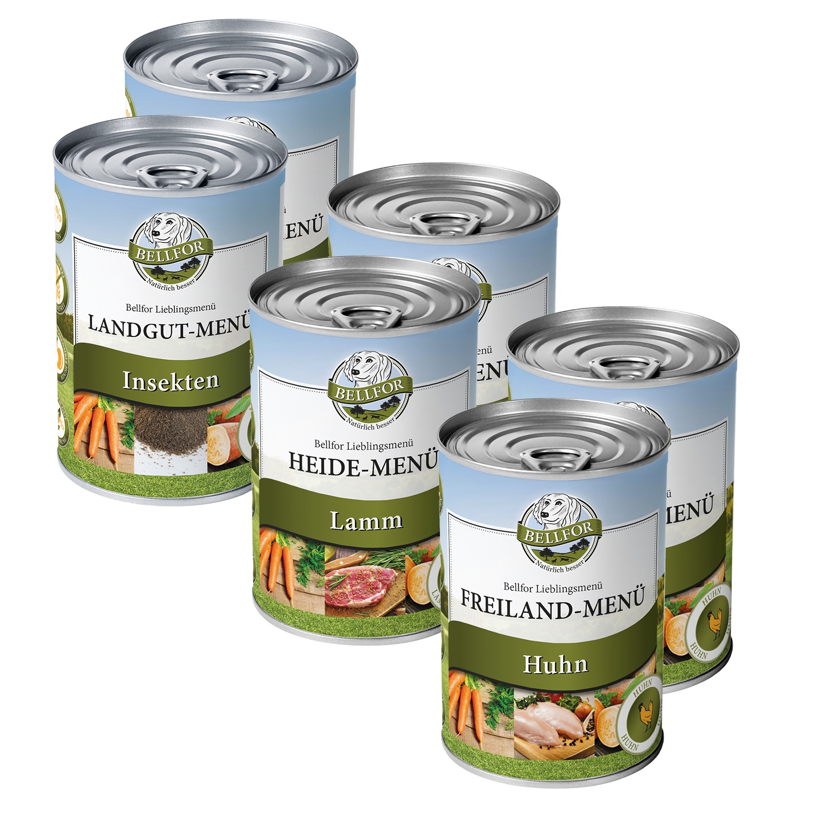 Starter-Paket Hundefutter Nass mit Huhn, Lamm und Insekten - Freiland-Menü 2 x 400 g + Heide-Menü 2 x 400 g + Landgut-Menü 2 x 400 g