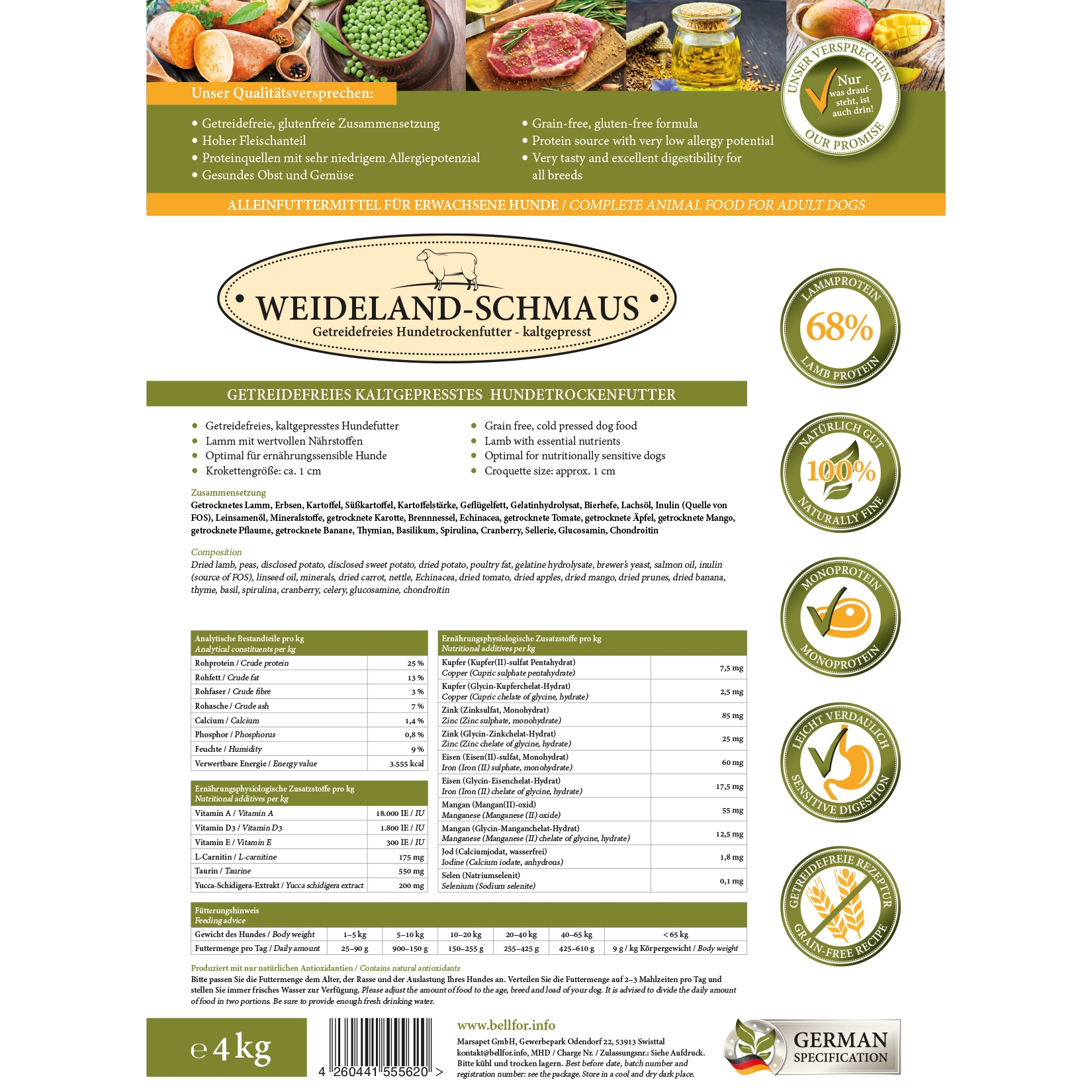 Getreidefreies Hundetrockenfutter mit Lamm - Weideland-Schmaus - 4 kg