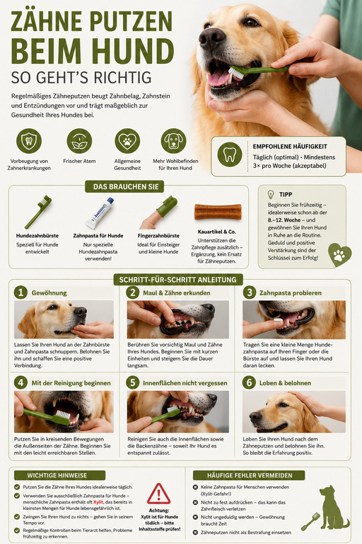 Infografik Zähneputzen beim Hund: Schritt-für-Schritt-Anleitung mit Hundezahnbürste, Hundezahnpasta und Fingerzahnbürste